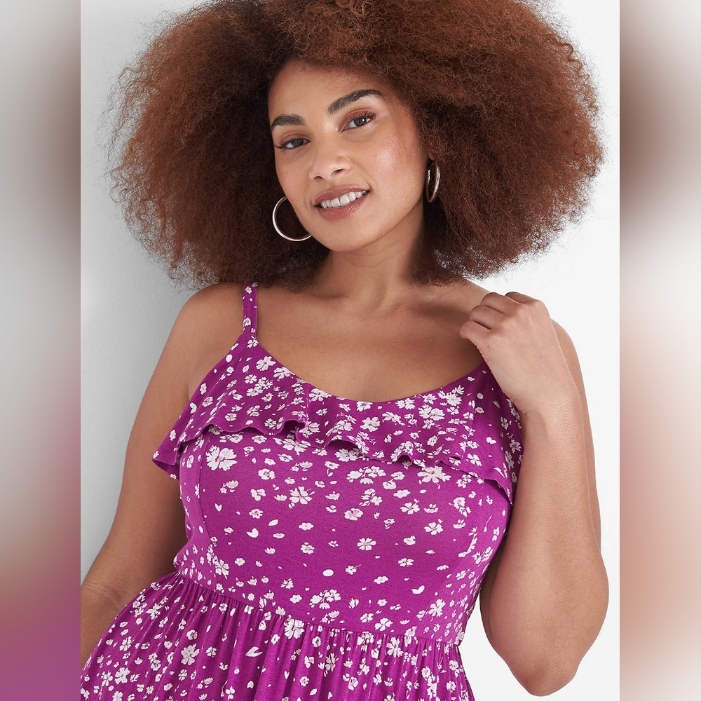 Lane Bryant Purple Floral Ruffle Neck & Hem A-Line Dress Women's Size 14/16 1X - Picture 3 of 11